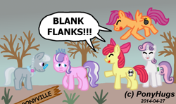 Size: 1134x672 | Tagged: safe, artist:ponyhugs, idw, apple bloom, diamond tiara, scootaloo, silver spoon, sweetie belle, spoiler:comic, cutie mark crusaders, mirror universe, revenge, role reversal, speech bubble