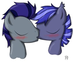 Size: 915x767 | Tagged: artist needed, safe, oc, oc only, oc:biohazard skies, oc:night watch, bat pony, pony, blushing, eyes closed, kissing, nighthazard, shipping