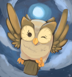 Size: 500x532 | Tagged: safe, artist:ende26, derpibooru import, owlowiscious, owl, cute, featured on derpibooru, flying, looking at you, male, moon, one eye closed, peace sign, solo, spread wings, wings, wink