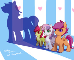 Size: 650x530 | Tagged: safe, artist:murai shinobu, derpibooru import, apple bloom, scootaloo, sweetie belle, cutie mark crusaders, hearts strong as horses, shadow