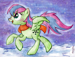 Size: 1307x999 | Tagged: safe, artist:nancyksu, pegasus, pony, clothes, cloud, female, looking up, lucky dreams, mare, night, open mouth, scarf, solo, spread wings, starry night, traditional art, trotting, windswept mane, wings, winter