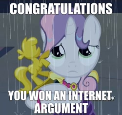 Size: 522x490 | Tagged: safe, screencap, sweetie belle, for whom the sweetie belle toils, award, caption, image macro, internet argument, meme, rain, reaction image, sad, solo, trophy