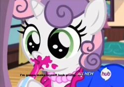 Size: 1015x709 | Tagged: safe, edit, edited screencap, screencap, sweetie belle, for whom the sweetie belle toils, 5-year-old sweetie belle, all new, cute, hub logo, image macro, meme, solo, text