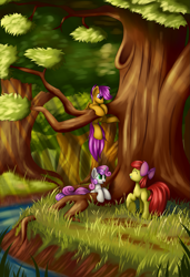 Size: 1625x2375 | Tagged: safe, artist:grennadder, derpibooru import, apple bloom, scootaloo, sweetie belle, cutie mark crusaders, forest, playing, river, tree