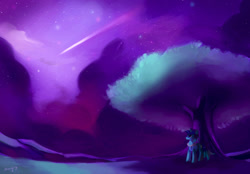 Size: 1000x694 | Tagged: safe, artist:amy30535, oc, oc only, oc:light shine, pony, big tree, commission, night, night sky, paint, scenery, shooting star, solo, star lights, tree