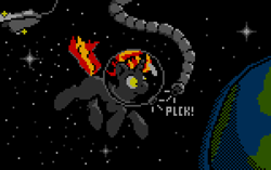 Size: 600x376 | Tagged: safe, artist:scalybeing, oc, oc only, orbit, pixel art, solo, space, spaceship, stars, tether