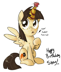 Size: 664x771 | Tagged: safe, artist:impydoo, derpibooru import, wild fire, birthday, hat, party hat, partycorn, sibsy, solo