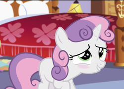 Size: 1500x1080 | Tagged: safe, screencap, sweetie belle, pony, unicorn, for whom the sweetie belle toils, blushing, female, filly, foal, rarity's bedroom, solo