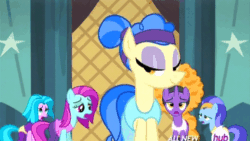 Size: 576x324 | Tagged: safe, screencap, blue cutie, foxxy trot, sapphire shores, for whom the sweetie belle toils, animated, hub logo, hubble, panting, the hub, tired