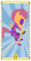 Size: 400x775 | Tagged: safe, artist:janeesper, derpibooru import, scootaloo, jack of spades, page of swords, sword, tarot card