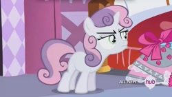 Size: 1017x572 | Tagged: safe, screencap, sweetie belle, for whom the sweetie belle toils, hub logo, pouting, solo