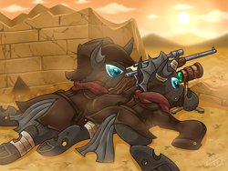 Size: 2000x1500 | Tagged: safe, artist:vavacung, oc, oc only, changeling, bandage, clothes, desert, fangs, gun, lying down, male, optical sight, prone, rifle, scar, sniper, sniper rifle, spotter, spotter's scope, sun, telescope, underhoof, weapon