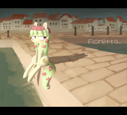 Size: 1557x1400 | Tagged: dead source, safe, artist:berrydrops, oc, oc only, oc:floretta, earth pony, pony, artistic conception, depressed, female, flower, flower in hair, flower in tail, harbor, mare, pier, sitting, solo, water