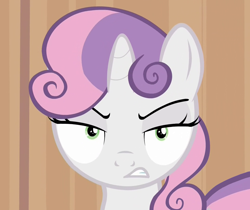 Size: 1250x1050 | Tagged: safe, screencap, sweetie belle, pony, unicorn, for whom the sweetie belle toils, angry, death stare, faic, female, filly, frown, glare, gritted teeth, hub logo, looking at you, meme origin, solo, sweetie belle is not amused, unamused, wide eyes