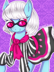 Size: 600x800 | Tagged: safe, artist:divided-s, derpibooru import, photo finish, earth pony, pony, clothes, female, glasses, looking at you, mare, raised hoof, smiling, solo