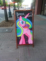 Size: 774x1032 | Tagged: safe, brony, chalk, chalk drawing, irl, misspelling, moon pie, photo, ponified, sign, solo, traditional art