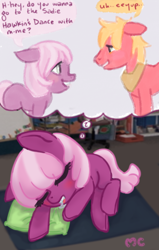 Size: 500x788 | Tagged: safe, artist:mcponyponypony, derpibooru import, big macintosh, cheerilee, earth pony, pony, cheerimac, dream, male, sadie hawkins dance, shipping, sleeping, stallion, straight