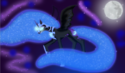 Size: 900x522 | Tagged: safe, artist:xycurolawls, derpibooru import, nightmare moon, alicorn, pony, moon, solo