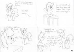 Size: 1064x750 | Tagged: safe, artist:schnitzellover, derpibooru import, cheerilee, diamond tiara, scootaloo, comic, desk, monochrome