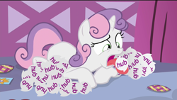 Size: 1920x1080 | Tagged: safe, edit, edited screencap, screencap, sweetie belle, for whom the sweetie belle toils, hub logo, hubble, solo, the hub, wat