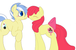 Size: 960x627 | Tagged: safe, artist:rareponypairings, derpibooru import, apple bloom, strike, blushing, cute, female, male, older, shipping, straight, strikebloom, tail bow