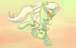 Size: 2500x1569 | Tagged: safe, artist:sy-vs, derpibooru import, granny smith, earth pony, pony, female, mare, open mouth, running, simple background, solo, young granny smith, younger