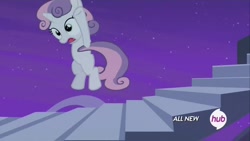 Size: 1920x1080 | Tagged: safe, screencap, sweetie belle, for whom the sweetie belle toils, animation error, hub logo, solo, stairs