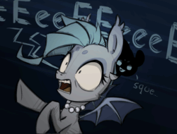 Size: 1024x780 | Tagged: safe, artist:eto ya, derpibooru import, oc, oc only, oc:grey mouse, bat pony, mimic, pony, animated, eeee, fangs, female, frown, jewelry, mare, necklace, open mouth, pearl necklace, rearing, scared, screaming, screech, spread wings, squee, the story, tumblr, underhoof, wide eyes