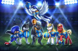 Size: 1826x1200 | Tagged: safe, artist:seanica, derpibooru import, big macintosh, prince blueblood, soarin', thunderlane, oc, oc:fox trot, earth pony, pony, wolf, american football, crossover, fanfic art, male, sonic the hedgehog, sonic the hedgehog (series), stallion, the simple life