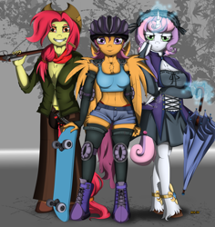 Size: 5000x5300 | Tagged: safe, artist:ags-30, derpibooru import, apple bloom, scootaloo, sweetie belle, anthro, absurd resolution, cigarette, gun, helmet, lollipop, older, rifle, skateboard, straw, umbrella, unshorn fetlocks