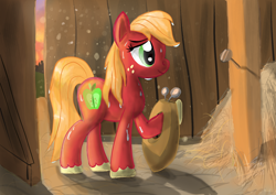 Size: 1754x1240 | Tagged: safe, artist:manfartwish, derpibooru import, big macintosh, macareina, earth pony, pony, barn, big macintosh's yoke, female, mare, rule 63, solo, sweat