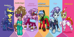 Size: 3000x1500 | Tagged: safe, artist:wonton soup, derpibooru import, fili-second, masked matter-horn, mistress marevelous, radiance, saddle rager, zapp, pixiv, power ponies