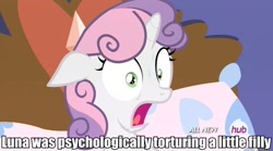 Size: 843x470 | Tagged: safe, screencap, sweetie belle, for whom the sweetie belle toils, caption, hub logo, solo