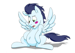 Size: 1024x731 | Tagged: safe, artist:clearwatermk2, derpibooru import, soarin', belly, belly button, blushing, solo