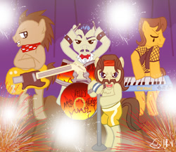 Size: 1602x1383 | Tagged: safe, artist:ladypixelheart, derpibooru import, ace, caramel, doctor whooves, horte cuisine, savoir fare, band, caramel is awesome, drums, guitar, keyboard