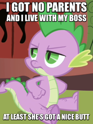 Size: 398x532 | Tagged: safe, spike, dragon, bad luck spike, drama, image macro, meme, solo