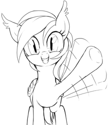 Size: 659x759 | Tagged: safe, artist:stoic5, derpibooru import, oc, oc only, oc:pom pom, bat pony, pony, cute, grin, looking at you, monochrome, smiling, solo, squee, underhoof, waving