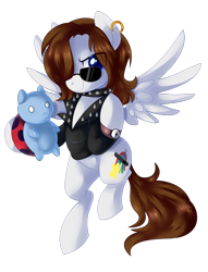 Size: 1024x1339 | Tagged: safe, artist:xnightmelody, derpibooru import, oc, oc only, oc:bee chalke, pegasus, pony, catbug, choker, earring, flying, hair over one eye, looking at you, plushie, simple background, smiling, solo, spiked choker, spread wings, sunglasses, transparent background, watch