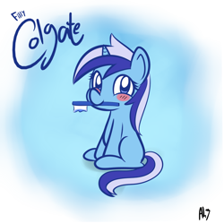 Size: 960x960 | Tagged: safe, artist:datahmedz, derpibooru import, minuette, blushing, filly, mouth hold, solo, toothbrush