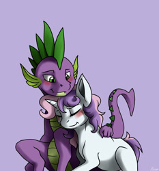 Size: 1024x1099 | Tagged: safe, artist:whitepone, derpibooru import, spike, sweetie belle, dragon, :t, blushing, cuddling, cute, eyes closed, fangs, female, hug, male, shipping, smiling, snuggling, spikebelle, straight