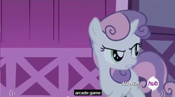 Size: 640x353 | Tagged: safe, screencap, sweetie belle, for whom the sweetie belle toils, hub logo, meme, solo, youtube caption