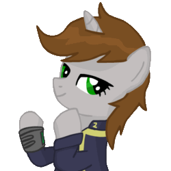 Size: 600x600 | Tagged: safe, artist:teschke, derpibooru import, oc, oc only, oc:littlepip, pony, unicorn, fallout equestria, animated, blinking, clapping, clapping ponies, clothes, fanfic, fanfic art, female, gif, hooves, horn, mare, pipbuck, simple background, smiling, solo, transparent background, vault suit