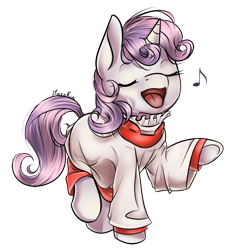 Size: 950x960 | Tagged: safe, artist:moenkin, derpibooru import, sweetie belle, choir, choir gown, clothes, cute, dress, eyes closed, music notes, open mouth, raised hoof, raised leg, ruff (clothing), simple background, singing, smiling, solo, transparent background, underhoof