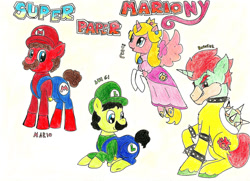 Size: 1024x742 | Tagged: safe, artist:debbygattathebest, derpibooru import, bowser, luigi, mario, ponified, princess peach, super mario bros.