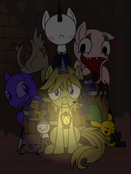 Size: 1200x1600 | Tagged: safe, artist:cuttycommando, slendermane, pikachu, amnesia, amnesia a machine for pigs, amnesia the dark descent, heart, imminent rape, levitation, oil lamp, pewdiepie, safest, slenderpony, stephano