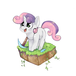 Size: 1024x1024 | Tagged: safe, artist:katemaximova, derpibooru import, sweetie belle, cute, diamond, diamond pickaxe, diasweetes, dirt cube, earth, gem, grass, happy, minecraft, pickaxe, simple background, solo