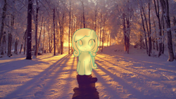 Size: 1600x900 | Tagged: safe, artist:gohomelimyourdrunk, artist:lilylupony, derpibooru import, oc, oc only, oc:snowdrop, base used, filly, forest, irl, looking at you, photo, ponies in real life, shadow, snow, solo, sunset, winter