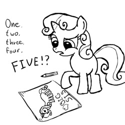 Size: 600x600 | Tagged: safe, artist:smockhobbes, derpibooru import, sweetie belle, drawing, monochrome, sketch, solo, sweetie fail, sweetiedumb