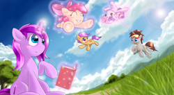 Size: 4000x2186 | Tagged: safe, artist:nekokevin, derpibooru import, apple bloom, scootaloo, sweetie belle, oc, oc:star myst, book, cutie mark crusaders, levitation, magic