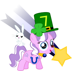 Size: 1944x1915 | Tagged: safe, artist:magerblutooth, derpibooru import, angel bunny, diamond tiara, ladybug, pony, clover, female, filly, four leaf clover, hat, horseshoes, lucky, shooting star, simple background, solo, transparent background, vector